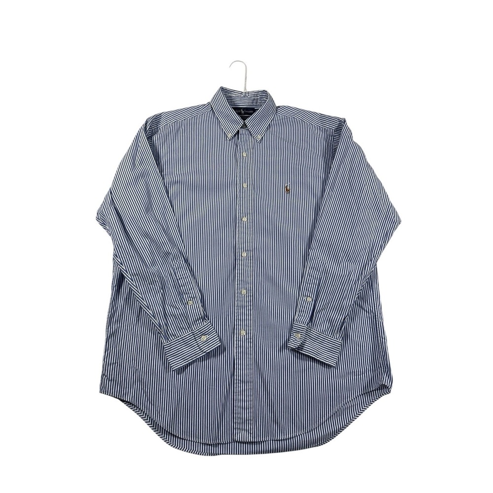 Ralph Lauren‎ Yarmouth Mens 16/34 Blue White Stripe Flesh Pony Oxford Shirt